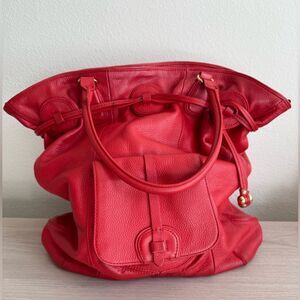 Isaac Mizrahi Large RED 100% genuine Leather Bag Tote Purse gold hardware